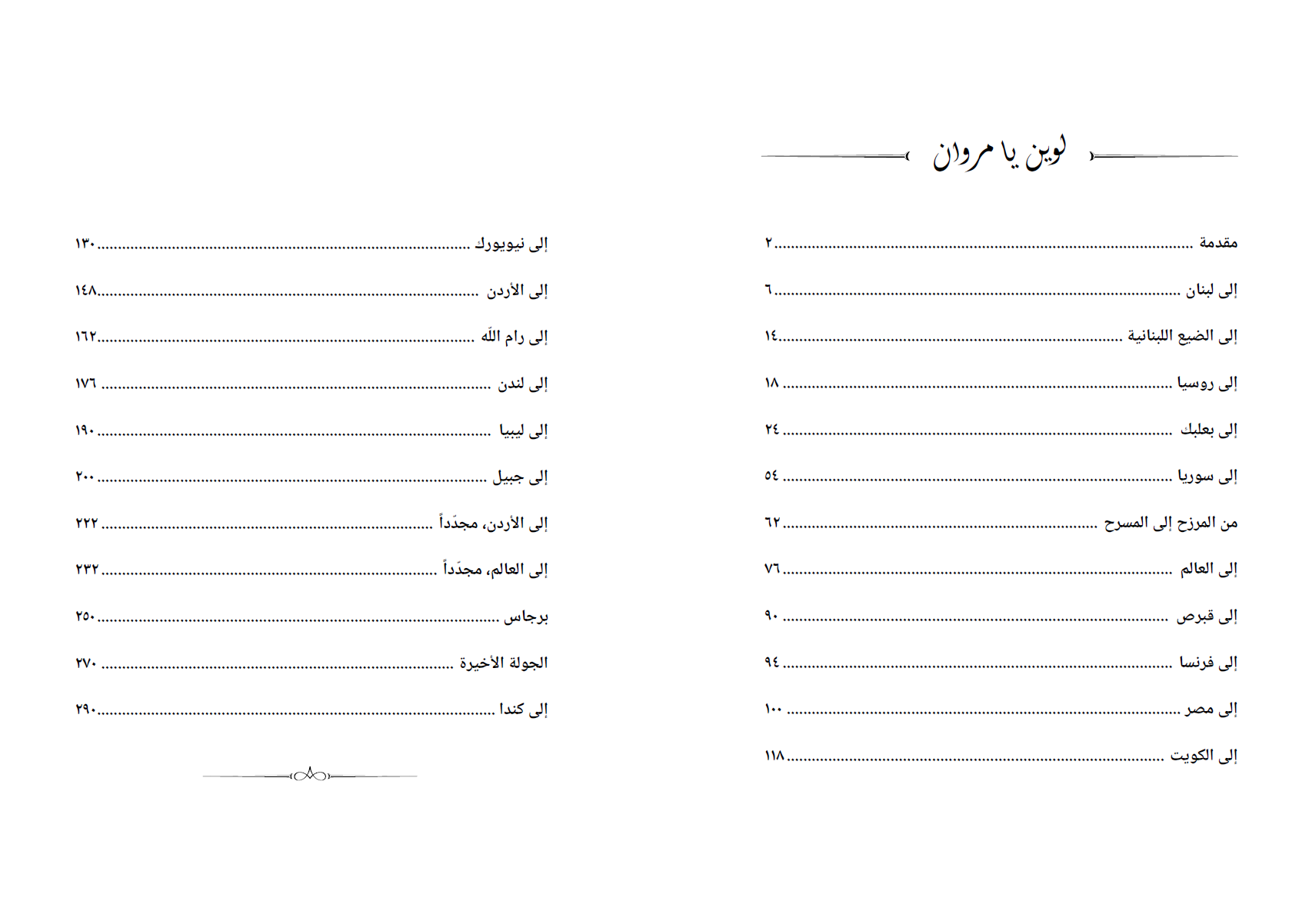 جدول محتويات كتاب لوين يا مروان ويعرض فصول الرحلة بين البلدان